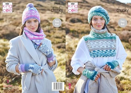King Cole 5908 Knitting Pattern Hat Beret Snood Wristwarmers Fake Polo Neck in Nordic Chunky