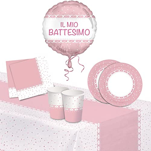 Lage Kit Decorazione tavola per Cerimonia Battesimo Bimba, stoviglie per Party Baby, Rosa e Bianco con Cuori e Pois, comprende 24 Bicchieri, 24 Piatti, 40 Tovaglioli, 1 Tovaglia e 1 Pallone Scritta