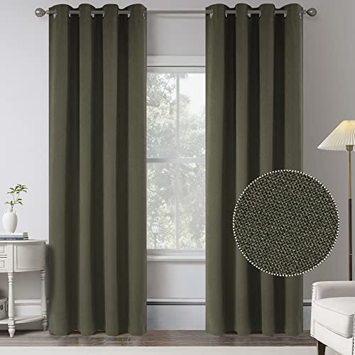 108 Inches Long Olive Green Textured Linen 100% Blackout Curtains for Villa Bedroom - 2 Panels Burlap Thermal Insulated Curtain Drapes for Patio Door/Large Window 9FT Tall (W 52 x L 108 Inch)