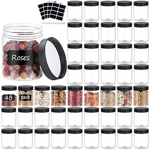 OUSHINAN 48PCS 8OZ Plastic Jars with Screw On Lids, Pen and Labels Refillable Empty Round Slime Cosmetics Containers for Storing Dry Food, Makeup, Slime, Honey Jam, Cream, Butter, Lotion…