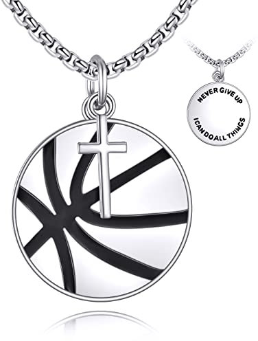 YFN Basketball Halskette Sterling Silber niemals aufgeben Anhänger Kreuz Schmuck Korbball Liebhaber Geschenke für Damen Herren Mädchen Jungen Basketballspieler