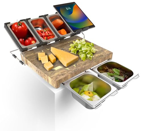Bantlou Acacia Wood Cutting Board with Containers - Prepdeck meal prep station for Kitchen, End Grain Cutting Board with Stainless Steel Food Container