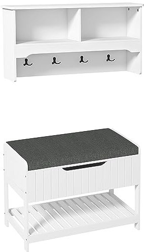 HOMCOM Wandhängeschrank mit Schuhbank, ausgestattet mit Wandwürfeln, 4 Haken und verstecktem Regal, 80x20x40 cm, Weiß