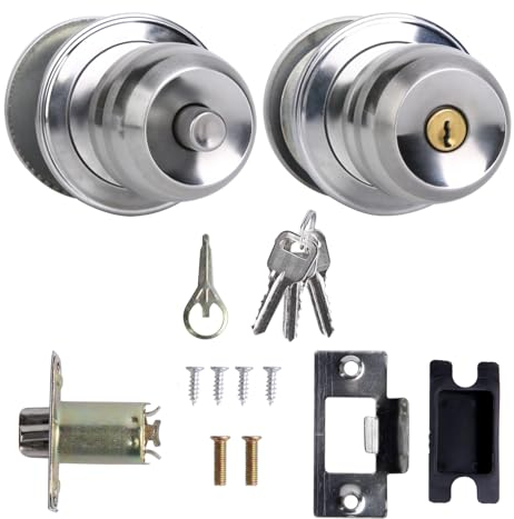 Yeelua Stainless Steel Round Door Knobs with Lock, Entry Door Knob Privacy and Passage Door Lock Kit Perfect for Bedroom Bathroom Home Office or Workplace(with Three Keys)
