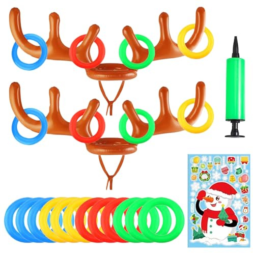Christmas Party Games Inflatable Reindeer Ring Toss Game for kids, adults, and family-Christmas eve reindeer game includes 2 Hats, 12 Rings, 1 pump and 32 Stickers-Christmas fun with reindeer hoopla.