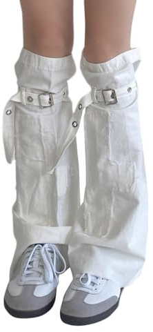shownicer Warme Stulpen Damen Denim Leg Warmers Y2K Lange Beinwärmer für Cosplay Halloween Party Teenager Mädchen Gothic Lange Socken 80er Harajuku Oberschenkel Hohe Socken H Weiß Einheitsgröße