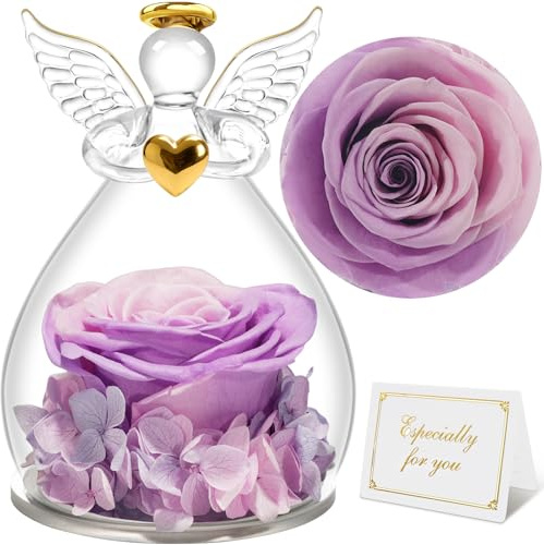 Sunia Rose Eternelle Cadeau Femme, Fleur Eternelle avec Ange Figurine, Cadeaux Maman/Mamie, Cadeau Anniversaire Femme, Vraie Rose pour Maman, Cadeaux Noel, Saint Valentin, Fete des Meres