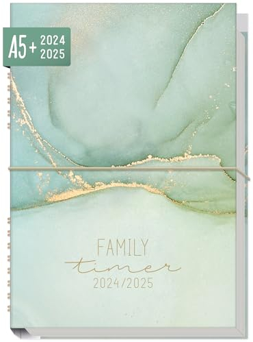 Häfft® Family-Timer 2024/2025 A5 Soft Green Familienkalender 4 Spalten, Buchkalender Familienplaner für 18 Monate: Juli 24 bis Dez 25 - nachhaltig & klimafreundlich