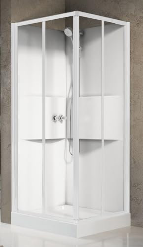 Novellini Media 2.0 A Standard 80x80 cm Cabina Doccia Multifunzione Apertura Scorrevole Montaggio Destra Sinistra Miscelatore Termostatico Vetro Trasparente Profilo Bianco Ripiani Doccetta Alto 210cm