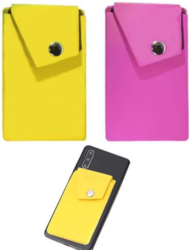 YLUFAC 2X Porte Carte Adhésif pour Téléphone,Pochette Autocollante Silicone pour Smartphone,Format Carte,Portefeuille Slim Smartphone Porte-cartes à coller ID Card Holder(Rose Jaune)
