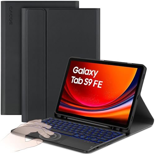 CACOE Hülle Tastatur Kompatibel mit Samsung Galaxy S10 FE 10.9 Zoll 2025 / S9 FE 10.9 Zoll 2023 / S9 11 Zoll 2023 mit Touchpad, 7-Farbige Beleuchtung Abnehmbare Kabellose Tastatur, Schwarz