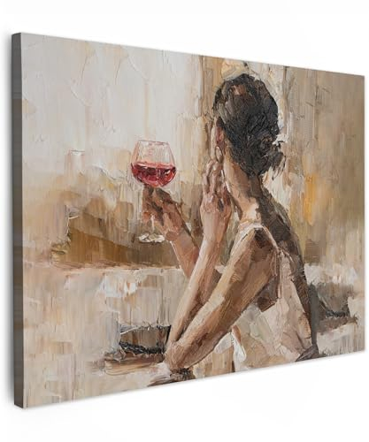MuchoWow© Leinwand 80x60 cm Deko Schlafzimmer Aesthetic Leinwandbilder Wohnzimmer Gemälde Foto Geschenk Living Room Decoration Moderne Kunstdruck Wanddeko - Ölfarbe - Frau - Wein