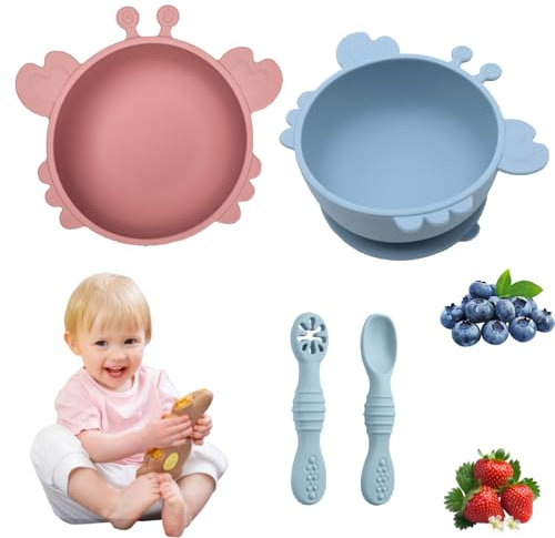 Aszaui 2 Bols pour Bébés avec Ventouse,Assiette Ventouse pour Bébé,Bol en Silicone Anti-Fuite et Anti-Dérapant,Bols d’Apprentissage,Sans BPA, pour Bébés,Enfants en Bas Âge et Nourrissons