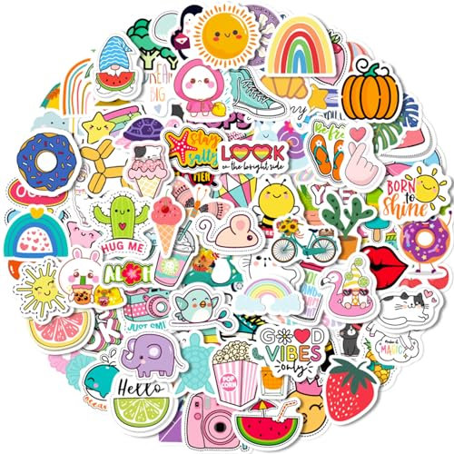 Colourful Cute Stickers, 100 Pcs Waterproof Kawaii Stickers Aesthetic Vinyl Stickers for Scrapbooking Kindle Scrapbook Laptop Bookish Water Bottles Skateboard