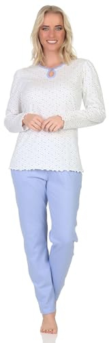 Normann Damen Schlafanzug Langarm Pyjama in Tupfen Punkte Optik - auch in Übergrößen, Farbe:blau, Größe:52-54