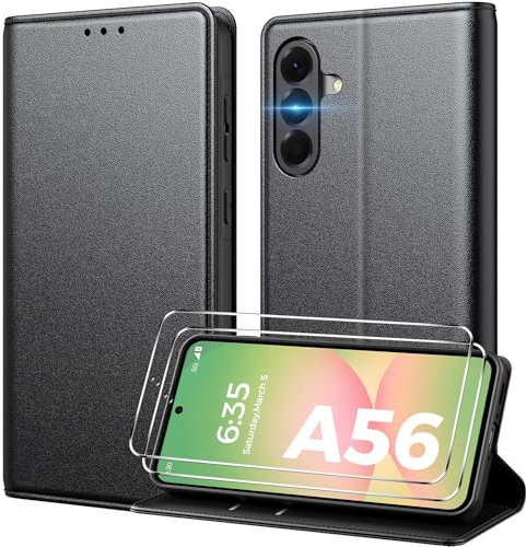 Peakally Funda para Samsung Galaxy A56 5G con Tapa y 2 pcs Protector Pantalla, [Ranura para Tarjeta] Funda Libro Carcasa para Samsung A56 5G PU Case [Función Soporte], Negro