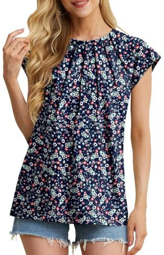 GRECERELLE Womens Summer Tops Cap Sleeves Casual Flower T-Shirt Pleated Ladies Summer Tops (Navy White Flower, L)