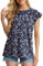 GRECERELLE Womens Summer Tops Cap Sleeves Casual Flower T-Shirt Pleated Ladies Summer Tops (Navy White Flower, L)