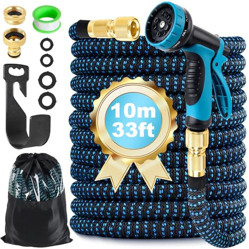 Expandable Garden Hose Pipe 10m 33ft, Expanding Hosepipes for Garden Water Hose with 1/2 3/4 Connectors, 10 Function Spray Gun, Holder, Flexible Retractable Magic Hoses for Gardening Car Washing