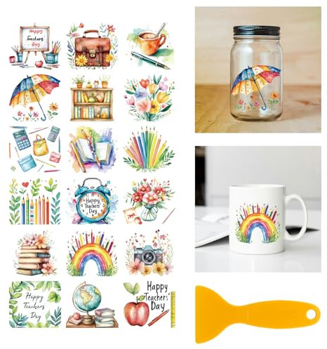GLOBLELAND 18 Blatt Buntes Lehrertagsbuch UV DTF Tasse Transfer Aufkleber 3.9x3.6 Zoll Briefpapier Bleistift DTF Transferaufkleber Möbel Großformat Transfers für Glasbecher Keraflott Möbel Glas Holz
