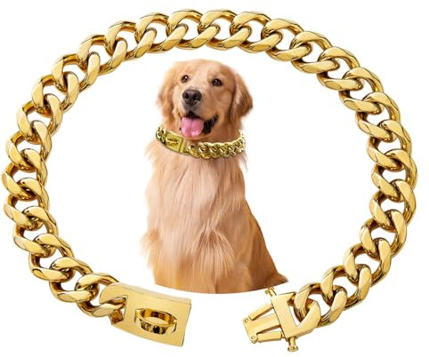 Kettenhalsband Hund, Goldenes Hundehalsband Kette Mit Metallkette, 15mm Breite Cuban Dog Collar, Rostfreier Stahl Halskette Hund mit Schnalle Für Kleine Mittlere Und Große Hunde (25cm)