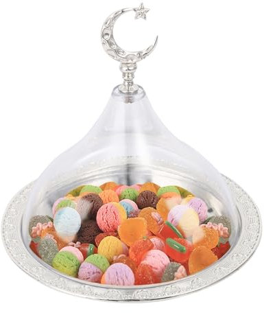 Ramadan Tablett mit Kuppel Deckel, Ramadan Deko Serviertablett, Mond Stern Dessert Teller, Retro Eid Mubarak Ramadan Tablett, Tischdeko Tablett für Salat Obst Trockenfrüchte Süßigkeiten Snack (A)