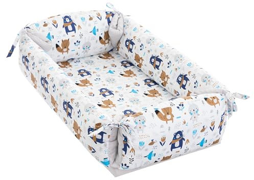 Nestchen Reisebett für Babys Säuglinge 98x58 cm – 2 in1 Babynest, Kuschelnest, Babymatte 100% Baumwolle – antiallergisch - atmungsaktive und weiche Babyliege mit Kopfstütze – (Der Bär und der Fuchs)