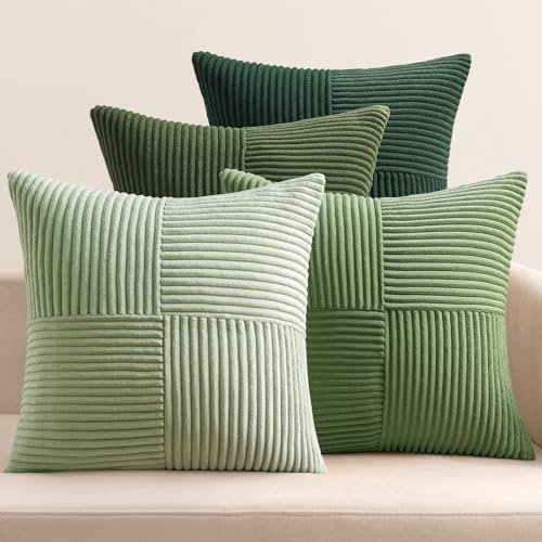 EMEMA Kissenbezug Kordsamt 4er Set Patchwork Kissenhülle 50x50 cm Zierkissenbezug Dekokissen Sofakissen Kord Dekorative Kissen für Sofa Sessel Zuhause Schlafzimmer Grün Serie
