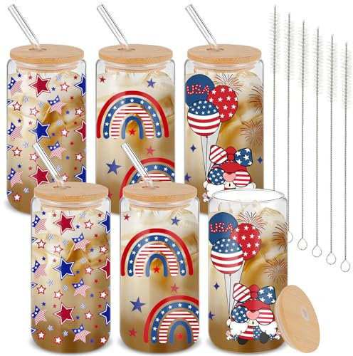 Yetene 6 Pcs Patriotic Drinking Cup Glasses with Bamboo Lids and Straw 4th of July 16 oz Glass Tumbler Can Independence Day Coffee Cups for Celebration Party Supplies USA Gifts Travel Office(Mix)