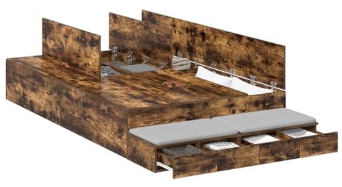 vidaXL Bettgestell Rauch-Eiche 120X200 cm Holzwerkstoff Reichlich Stauraum Modernes Design Einfache Montage Indoor Schlafzimmermöbel Mit Haltbarem Organisationalen Stilvollem Erwachsenen Texturiert