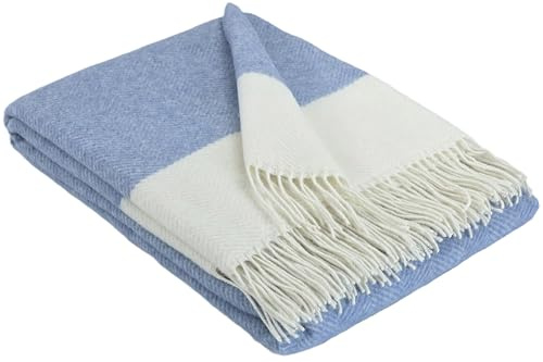 STTS International Kaschmir Decke Wolldecke Wohndecke 100% Merinowolle - Kaschmir - Mix 140 x 200 cm sehr weiches Plaid Kuscheldecke Faro (M Hellblau-Weiß)
