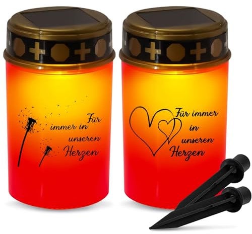 Hegawleo 2 Stück Grablaterne Solar, Led Grablicht Mit Dämmerungssensor Und Erdspieß, IP44 Grablicht Solar Wetterfest, Led solar grablichter für draußen, Grableuchte Für Den Außenbereich (Rot -A)