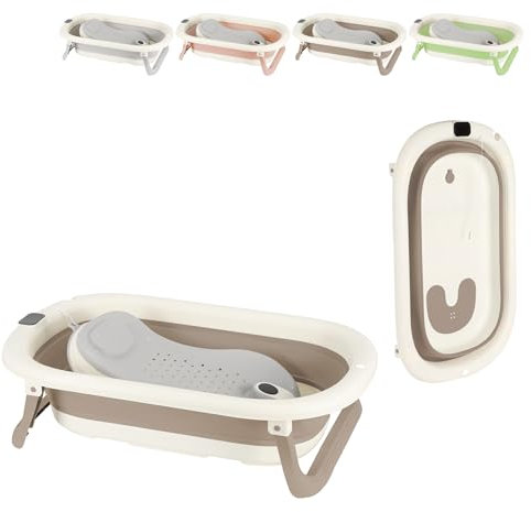 XUANYU Baignoire Bébé avec Thermomètre à eau et Transat de Bain, Baignoire Bebe sur Pied, Bassine Bebe Pliable et Portable, Antidérapant et Confortable, Baignoire de Voyage pour Nouveau-nés (Kaki)