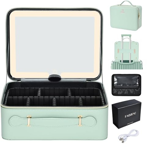 Large Makeup Case with LED Mirror Vanity Case Removable Light Up Mirror PU Leather Portable Makeup Artist Carry Vanity Box with Dividers Makeup Brush Holder, Mint Green