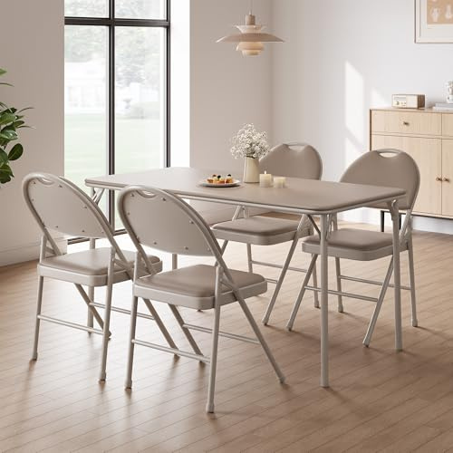 Aptliton 4-Piece Folding Chairs Outdoor, PU Leather Padded Folding Chair with Metal Frame, Commercial Stackable Outdoor Furniture for Dining Room, Restaurant, Parties, Gatherings, Beige