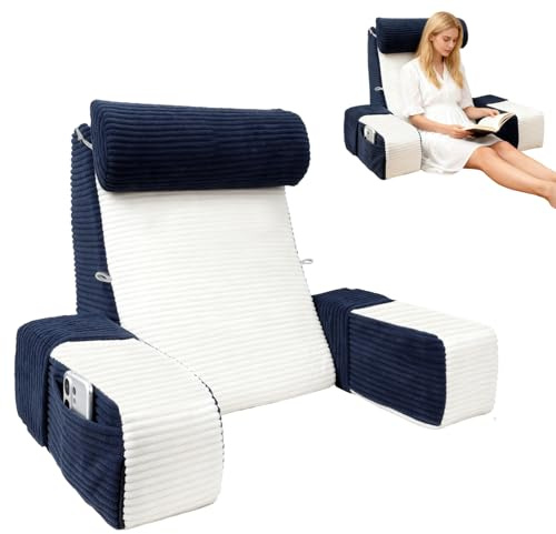 ROOWANA Almohada de Lectura, Cojín Lectura Cama para Sentarse, Cojín para Cama con Respaldo y Reposabrazos Ajustables, Almohada Sofá, Adecuado para Leer/Jugar/Relajarse, Azul & Blanco