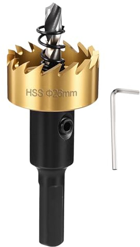 CoCud 1-1/32 26mm Hole Saw 4241 High Speed Steel Hole Cutter Gold Tone | Hex Shank Cutting Tool for Thin Soft Metal Gypsum Board Plywood