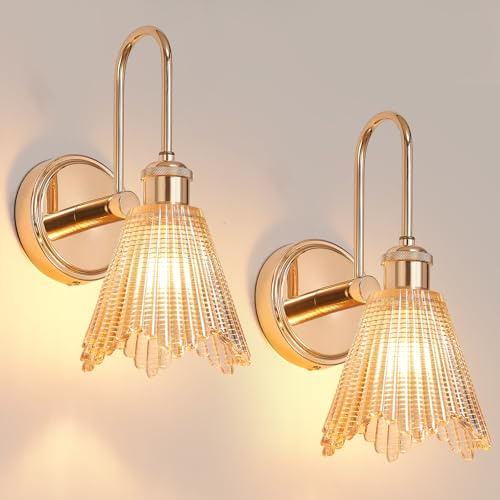 Vikdio Wandleuchte Set 2-tlg, Goldfarben Vintage Wandlampe mit Langem Bernsteingelben Glasschirm, Festverkabelte Wandleuchten für Schlafzimmer, Badezimmer, Wohnzimmer | Inkl. 2 LED Birnen