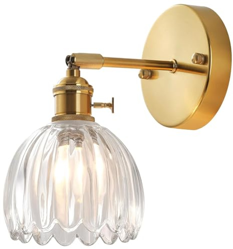AoLa Vintage Wandleuchte Innen E27 Gold Wandlampe mit Schalter 180° Verstellbar Nachttischlampe mit gestreiftem Klarglas Tulpeform Blume Lampenschirm, für Badezimmer Schlafzimmer Flur Wohnzimmer