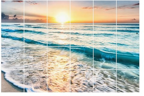 Fliesenaufkleber 15x15 cm – 24er Pack Vinyl Fliesensticker – Selbstklebend, Wasserdicht, Abwaschbar – Fliesendekor & Sticker Set für Wandfliesen – Sonnenuntergang über dem Meer