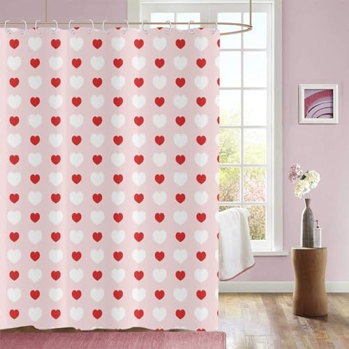 GCIREC Duschvorhang, 180x200cm, Valentinstag Romantisches Liebesthema Rotes Weißes Herz Wasserdichter Stoff Maschinenwaschbarer Badezimmervorhang mit Haken