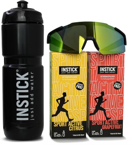 INSTICK Sport Bundle Bouteille de vélo noire 0,8 l + lunettes de sport noires + 2 boissons pour le sport en poudre Citrus & pamplemousse – Sans sucre, avec vitamines et minéraux – Idéal pour le