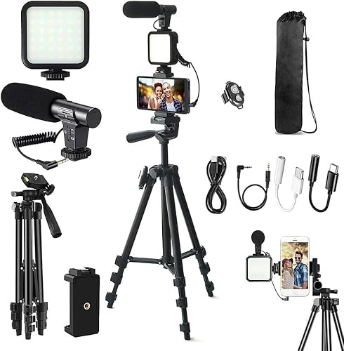 Ultimate Vlogging Kit: 50 Extendable Tripod, Microphone, Light, Remote for iPhone/Smartphone/Cameras - Perfect YouTube Starter & Video Maker Kit (Android and iPhone Compatible, Rechargeable LEDs)