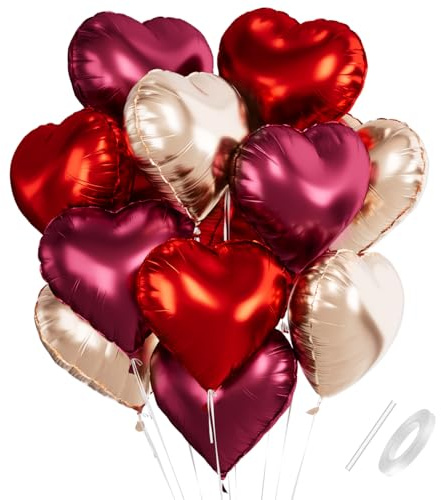 Ballon Coeur Or Rose Rouge, Ballon Mariage Forme de Coeur, 18 Inch Ballon Coeur Vin Rouge Helium, Ballons de Fleuret Coeur Or Rose Rouge Hélium Décoration Romantique pour Engagement Mariage Valentine
