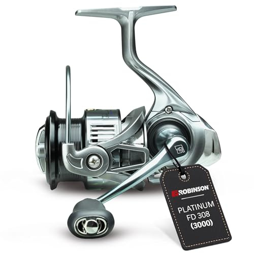 Robinson Angelrolle mit 8 Kugellagern | Spinnrolle mit Rücklaufsperre | 7+1 Kugellager mit Rücklaufsperre · Leichtes Graphit-Alu-Gehäuse · 8 kg Frontbremse · Titannitrid-Schnurlaufröllchen · 325 g
