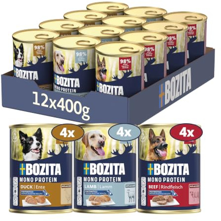 Bozita Dog Paté Mix Rind, Ente & Lamm 12×400 g – getreidefreies Nassfutter für Hunde mit Postbiotika – Singleprotein Pastete - Mixpack ohne Zuckerzusatz & künstliche Zusatzstoffe