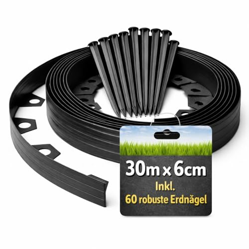 BigDean Flexible Rasenkante 30 m x 6 cm Komplettset inklusive 60 Erdnägel | flexibel & langlebige Beeteinfassung mit optimaler Höhe ideal für Kieswege Rollrasen Rindenmulch Beete und Rasenkanten