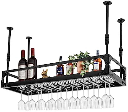 Mensola per vino sospesa da soffitto, porta bottiglia vino bar industriale, scaffale galleggiante bar ristorante, supporto in metallo nero 50 kg, protezione del corpo, cucina casa hotel, 100 x 35 x 35
