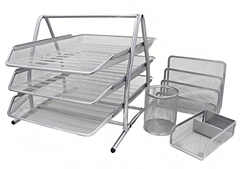 EasyPAG Metall Büro Schreibtisch Organizer 4er-Set, 3 Fächer A4 Dokumentenhalter Aktenablage Zeitschriftenhalter Briefablage Papier Organisator, Stiftköcher, Haftnotizenhalter, Briefständer,Silber