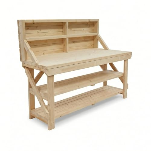 Arbor Garden Solutions 6ft ACORN Solid Timber Workbench with Back Panel and Double Shelf - Kiln-Dried Heavy Duty Static Work Table (180cm)